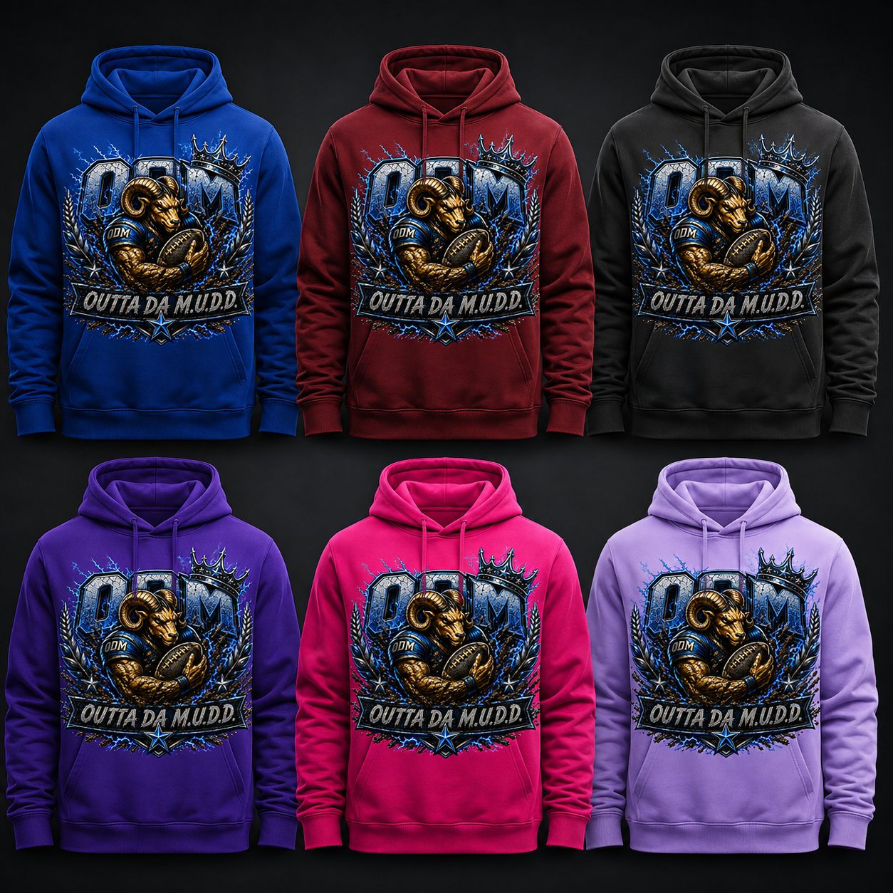 ODM electric Mud Ram hoodies in blue, burgundy, black, purple, magenta and pastel lavender
