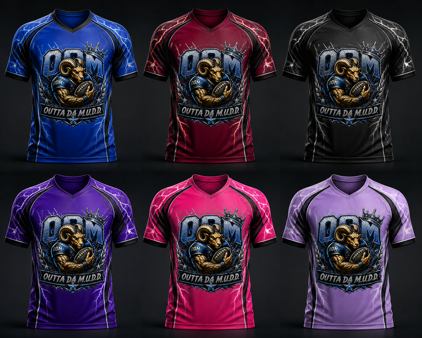 ODM electric Mud Ram performance jerseys in blue, burgundy, black, purple, magenta and pastel lavender
